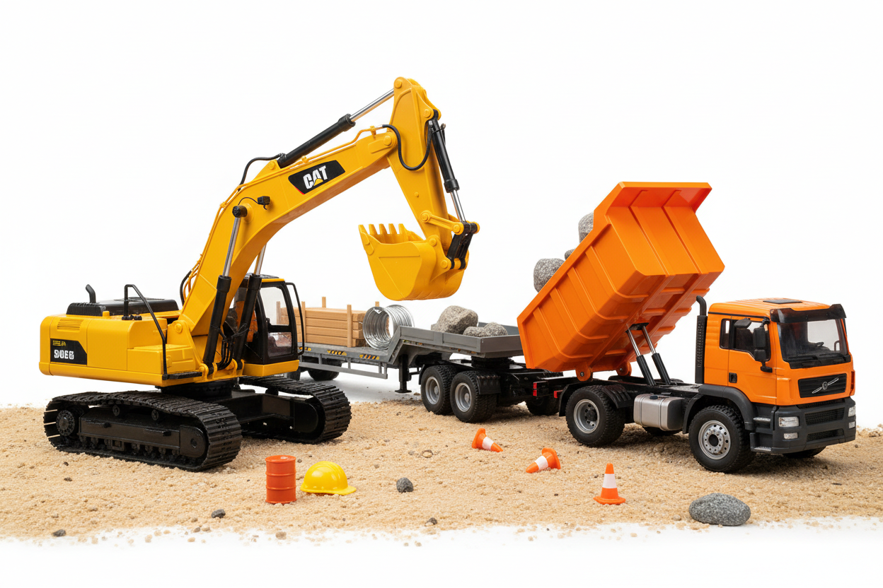 Complete Combo Sets: Match RC Excavator with Dump Truck, Flatbed Trailer for Mini Construction Sites