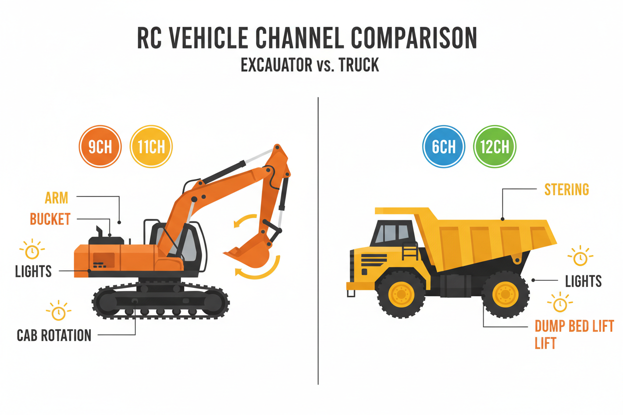 What Channels Mean on RC Toys? 6CH / 9CH / 11CH / 12CH RC Excavator & Truck Differences