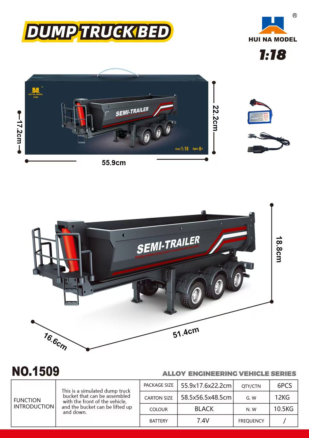 Huina 1509 1/18 Alloy Semi-trailer Dump Remote Control Truck Engineering Construction RC Car Toys Model