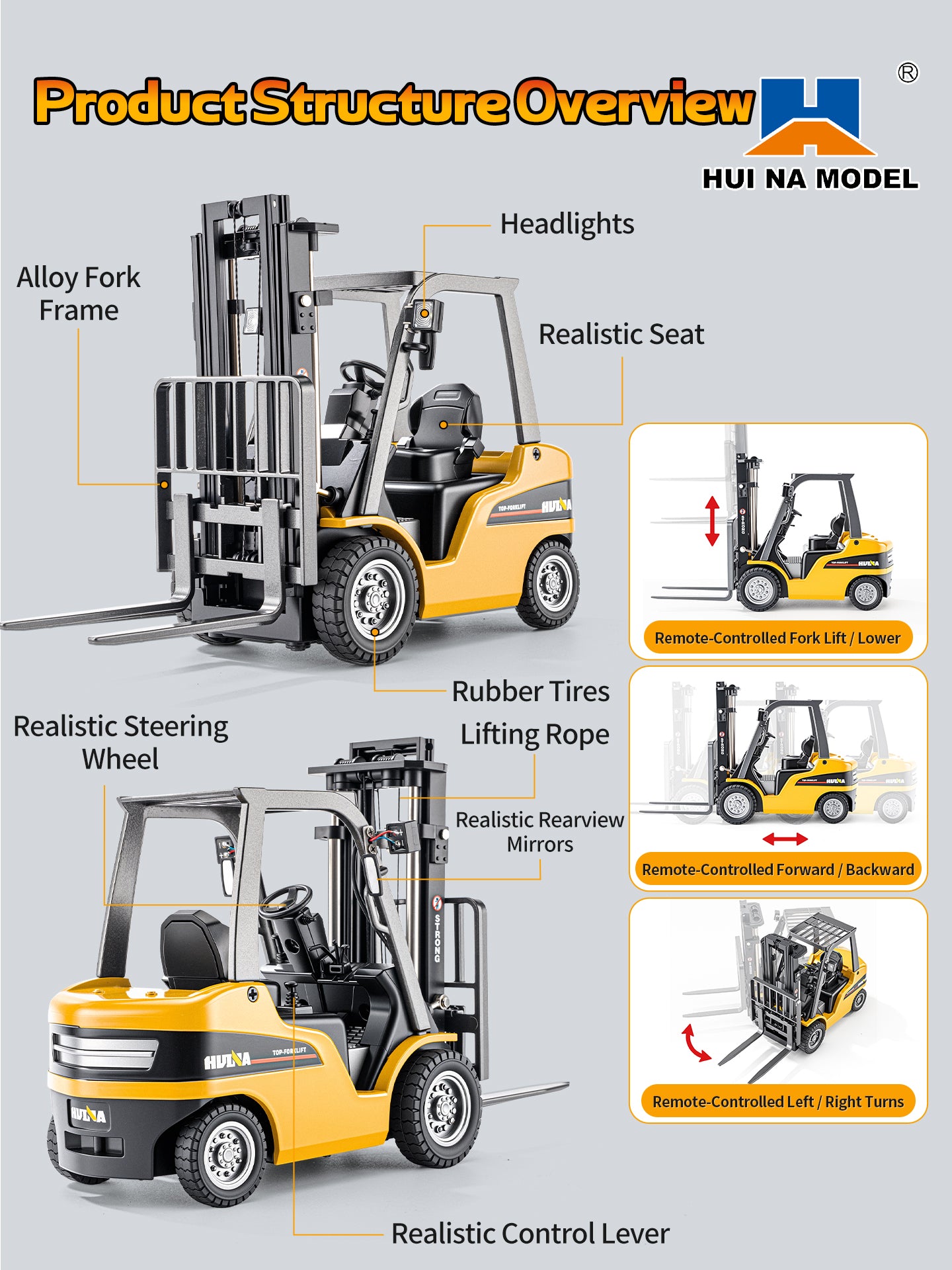 HUINA 9925 1/50 Electric Remote Control Forklift Mini Warehouse RC Model Desktop Level Light Sound Effect Battery