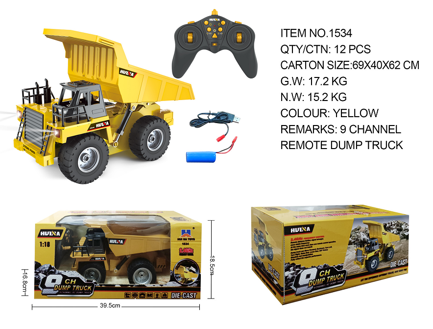 Huina 1534 1:18 Nine-channel Semi-alloy Remote Control Dump Truck (2025 MODEL)