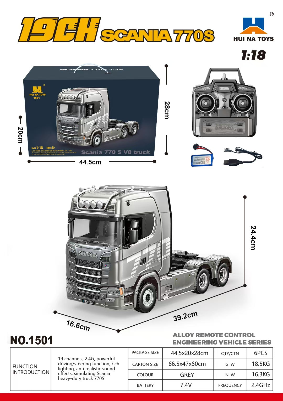 Huina 1501 1:18 19-channel Scania tractor
