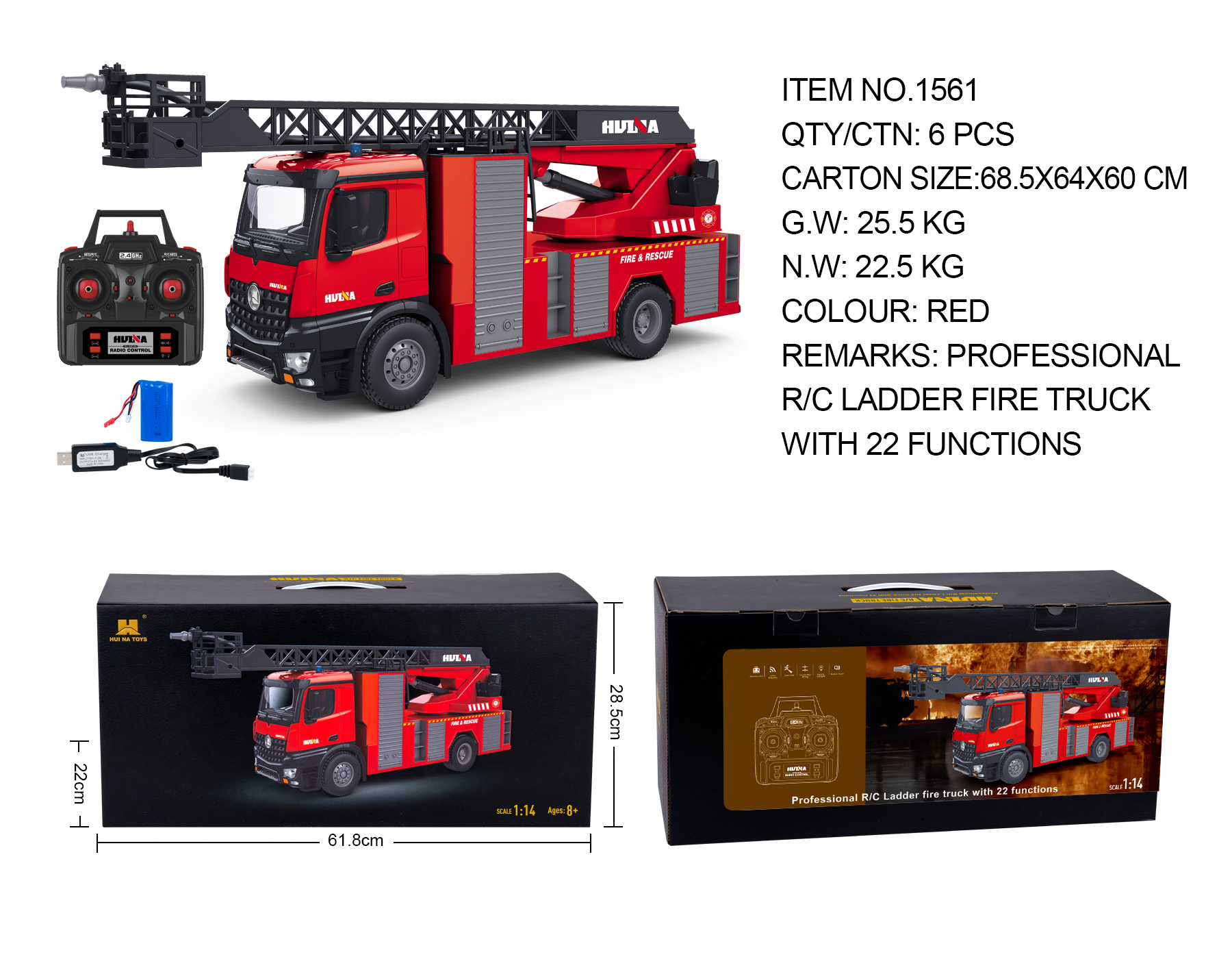 Huina 1561 1:14 Rc Simulation Fire Truck (2025 MODEL)