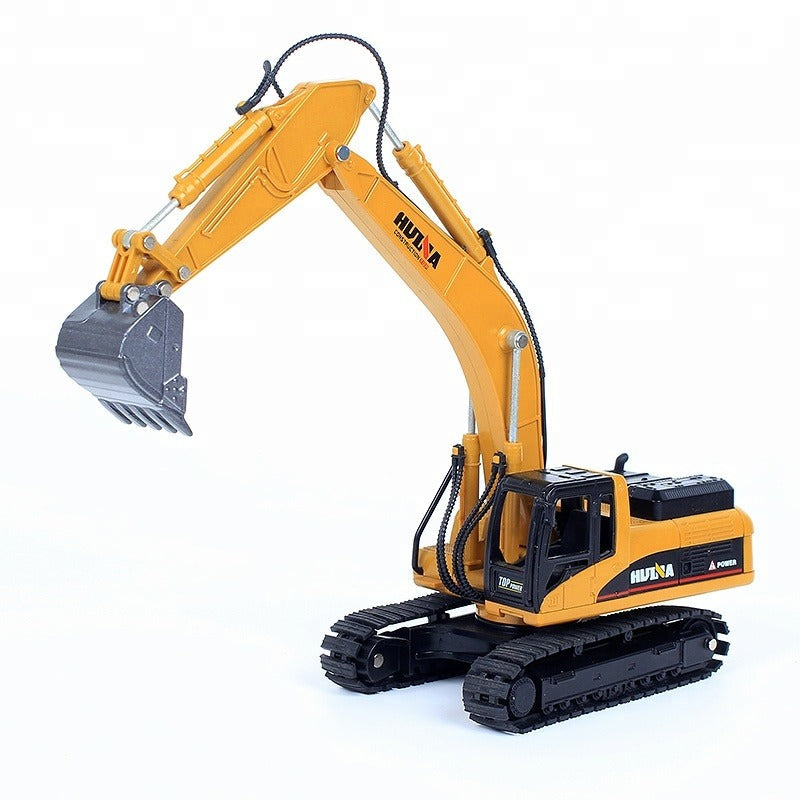 A yellow and black Huina 1710 1:50 alloy diecast excavator toy with a movable arm and bucket.